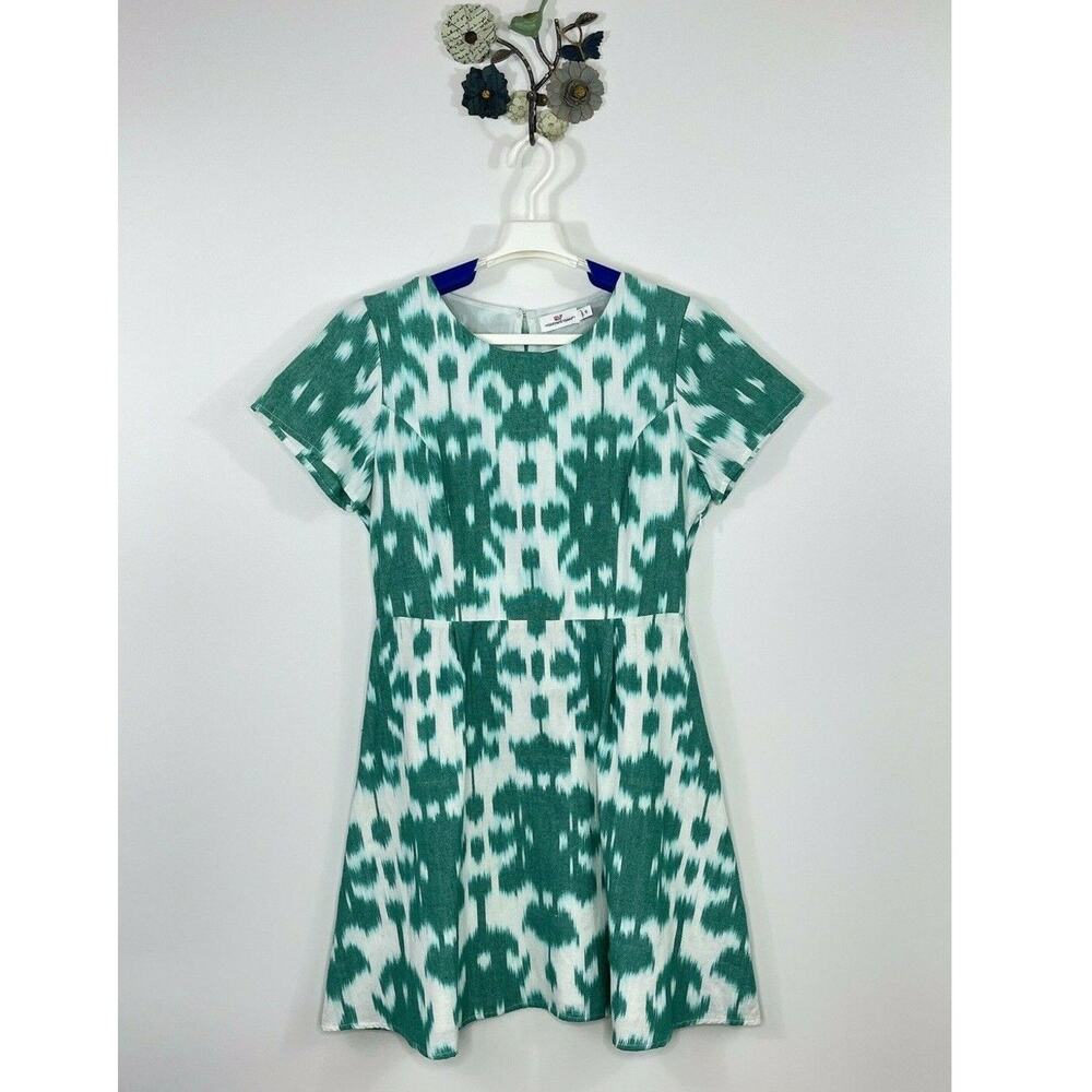 Vineyard Vines Ikat Dress Amazon Green White Size 10 Fit And Flare Short Sleeve